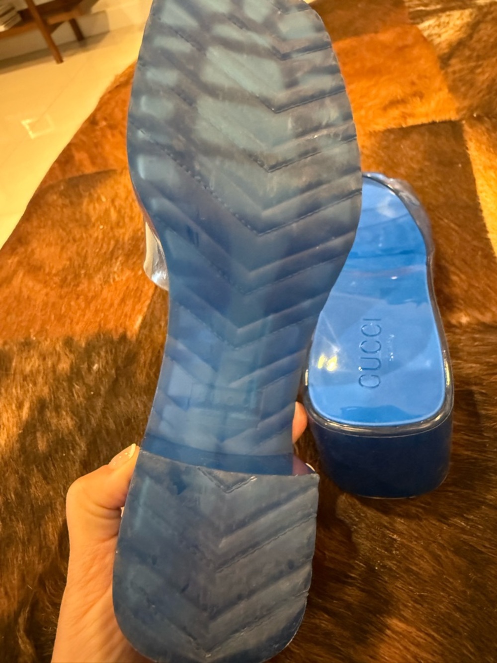 Gucci Blue Rubber Heeled Slide Sandals - Picture 7 of 8